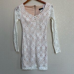 B. Darlin Ivory Lace Sequin Bodycon Dress Nude Lined Long Sleeve 1/2